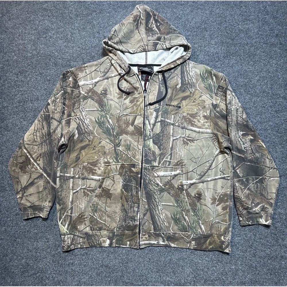 Vintage Winchester Realtree AP Camo Full Zip Up Hoodie Mens 2XL Y2K Light Weight